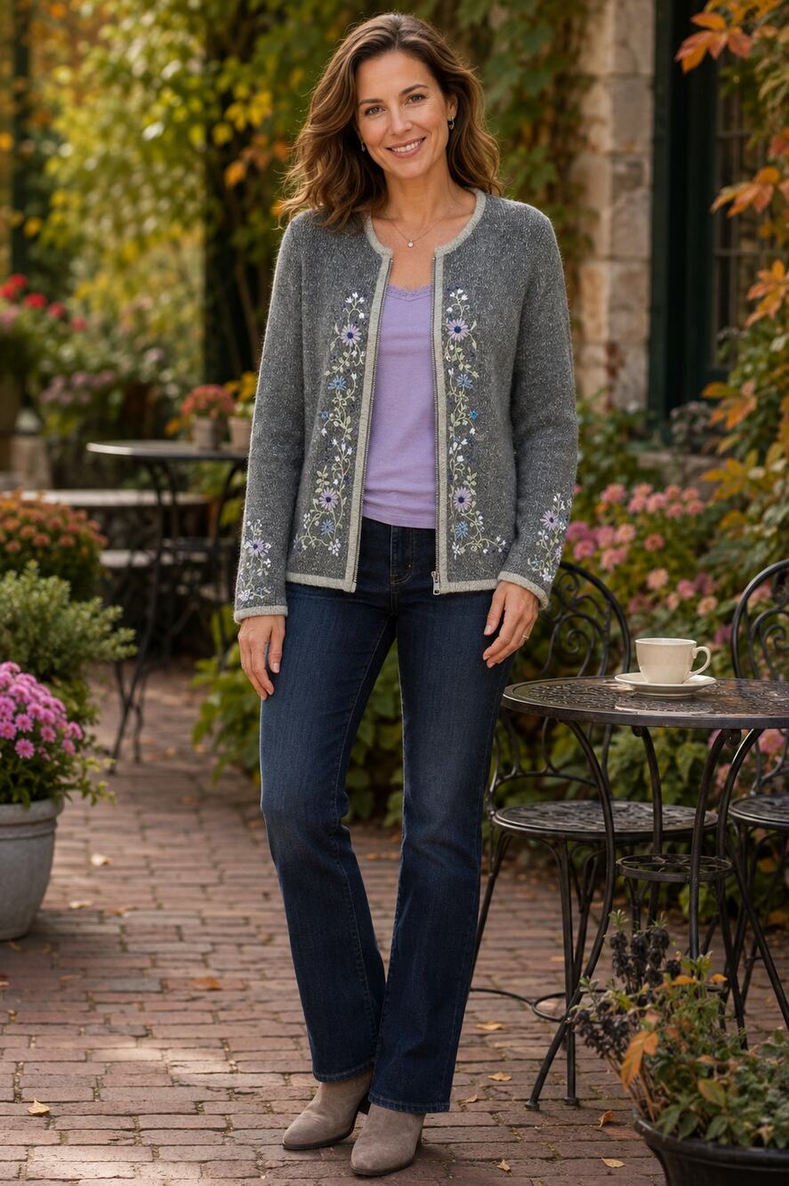 Dressbarn Silk Angora Cardigan M Gray Floral Embroidered Zip Cottagecore